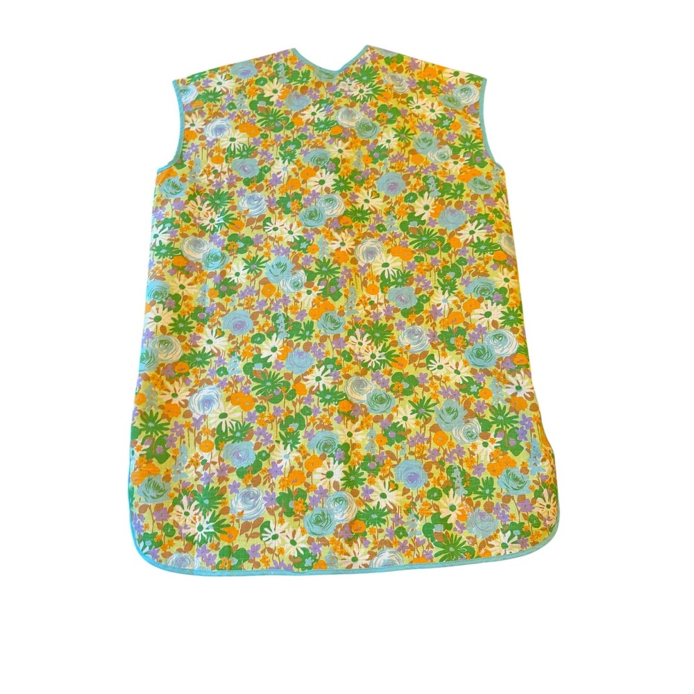 Vintage Floral‎ Sleeveless Art Apron Smock Button Front Pocket Blue Trim